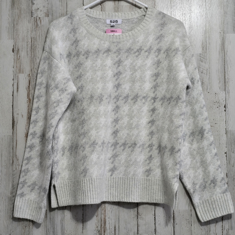 525 America Gray White Fairisle Houndstooth Knit Pullover Sweater Size Small